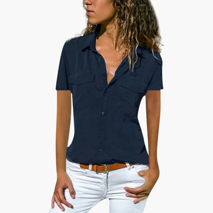 Blouse D'Été Pour Femme À Manches Courtes Boutonnée Tissu Lisse Pour Un Style Soigné Au Travail Et Loisirs