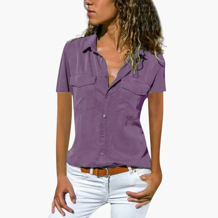 Blouse D'Été Pour Femme À Manches Courtes Boutonnée Tissu Lisse Pour Un Style Soigné Au Travail Et Loisirs