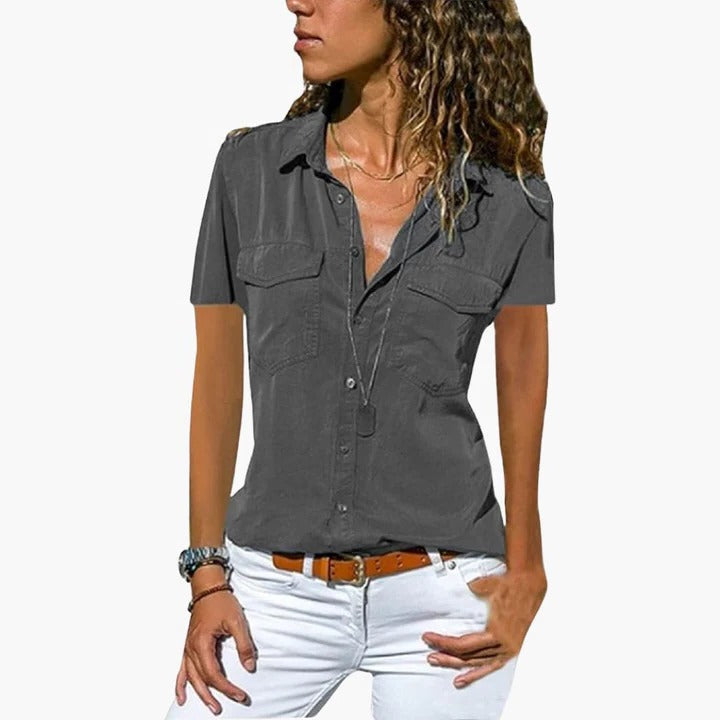 Blouse D'Été Pour Femme À Manches Courtes Boutonnée Tissu Lisse Pour Un Style Soigné Au Travail Et Loisirs