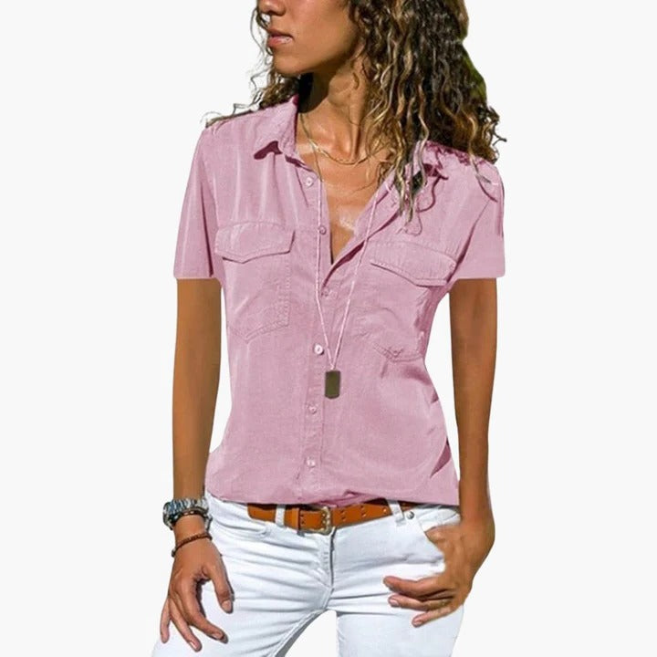Blouse D'Été Pour Femme À Manches Courtes Boutonnée Tissu Lisse Pour Un Style Soigné Au Travail Et Loisirs
