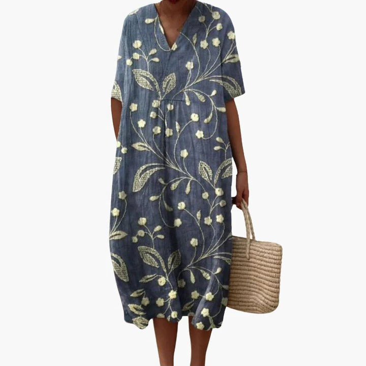 Robe Amawinc D'Été Pour Femmes Fluide Respirant Motif Fleuri Col V Manches Courtes