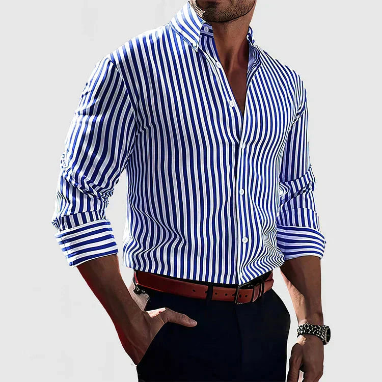 Chemise Homme Slim Fit Coton Rayures Manches Longues Boutonnée Bureau Décontracté