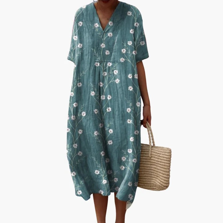 Robe Amawinc D'Été Pour Femmes Fluide Respirant Motif Fleuri Col V Manches Courtes