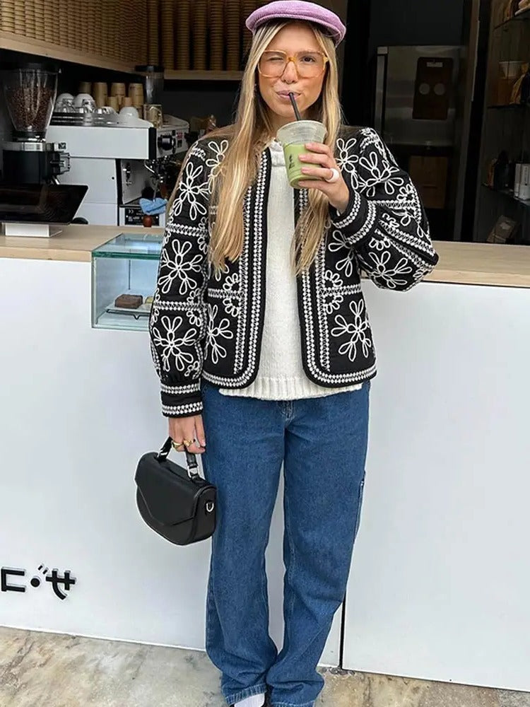 Blazer Femme Motif Bohème À Manches Lanternes Structurel Avec Ouverture Frontale Pour Travail Ou Décontracté