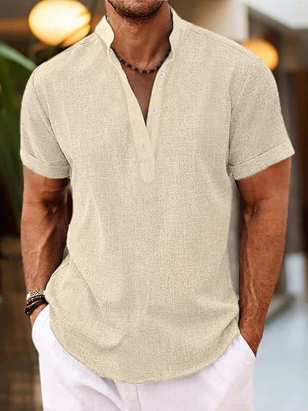 Chemise Homme Manches Courtes Avec Patte De Boutonnage Col Mandarin Décontractée Pour Port Quotidien