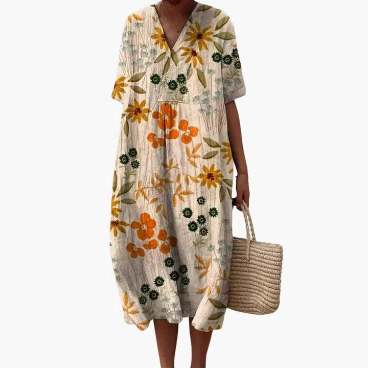 Robe Amawinc D'Été Pour Femmes Fluide Respirant Motif Fleuri Col V Manches Courtes