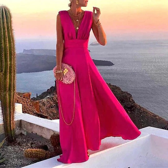Robe Maxi Pour Femme Décolleté En V Sans Manches Taille Cintrée Parfaite Pour Vacances Et Sorties Décontractées