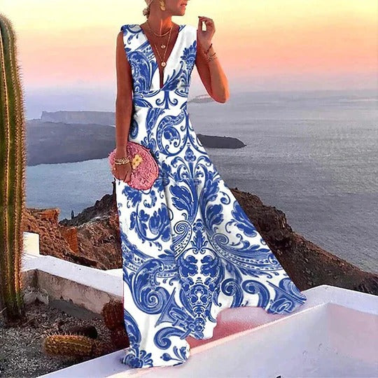 Robe Maxi Pour Femme Décolleté En V Sans Manches Taille Cintrée Parfaite Pour Vacances Et Sorties Décontractées