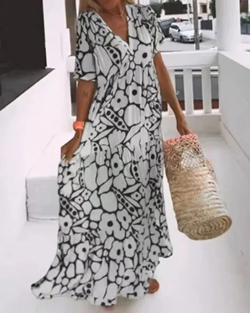 Robe Longue à Manches Courtes Avec Imprimé Fluide Pour Le Quotidien et Les Occasions Spéciales