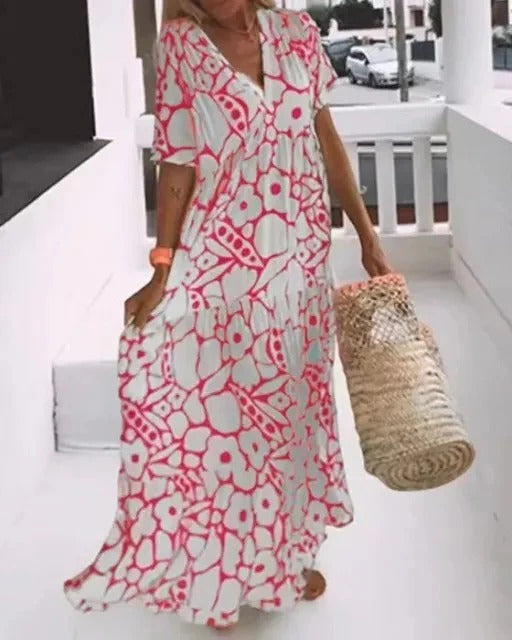 Robe Longue à Manches Courtes Avec Imprimé Fluide Pour Le Quotidien et Les Occasions Spéciales