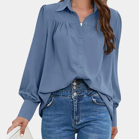 Blouse Femme Manches Lanternes Col Chemise Unie Détails Boutons Idéale Travail Printemps Été Automne