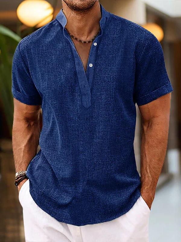 Chemise Homme Manches Courtes Avec Patte De Boutonnage Col Mandarin Décontractée Pour Port Quotidien