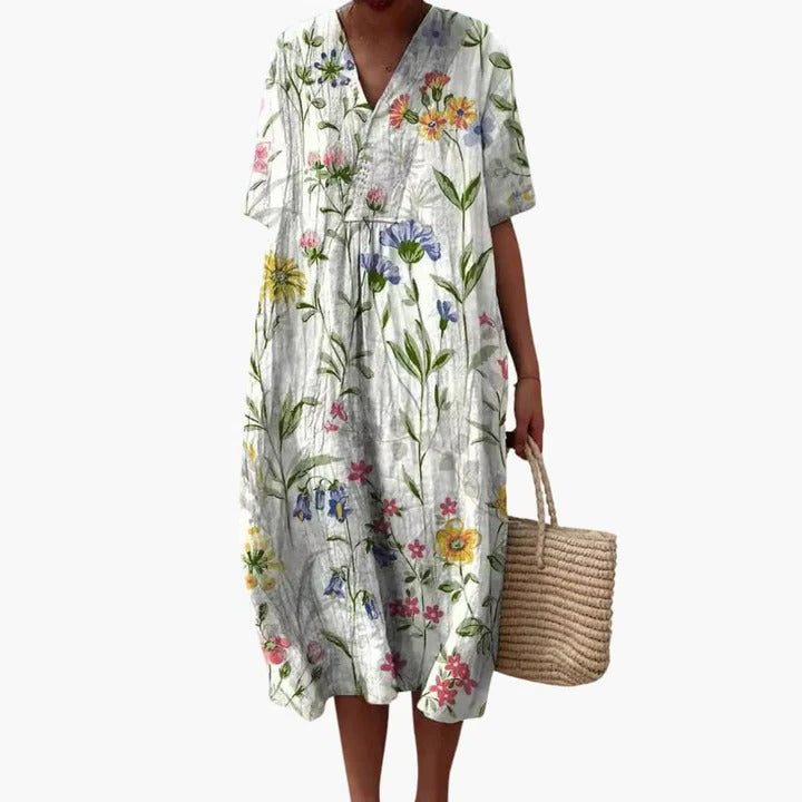 Robe Amawinc D'Été Pour Femmes Fluide Respirant Motif Fleuri Col V Manches Courtes