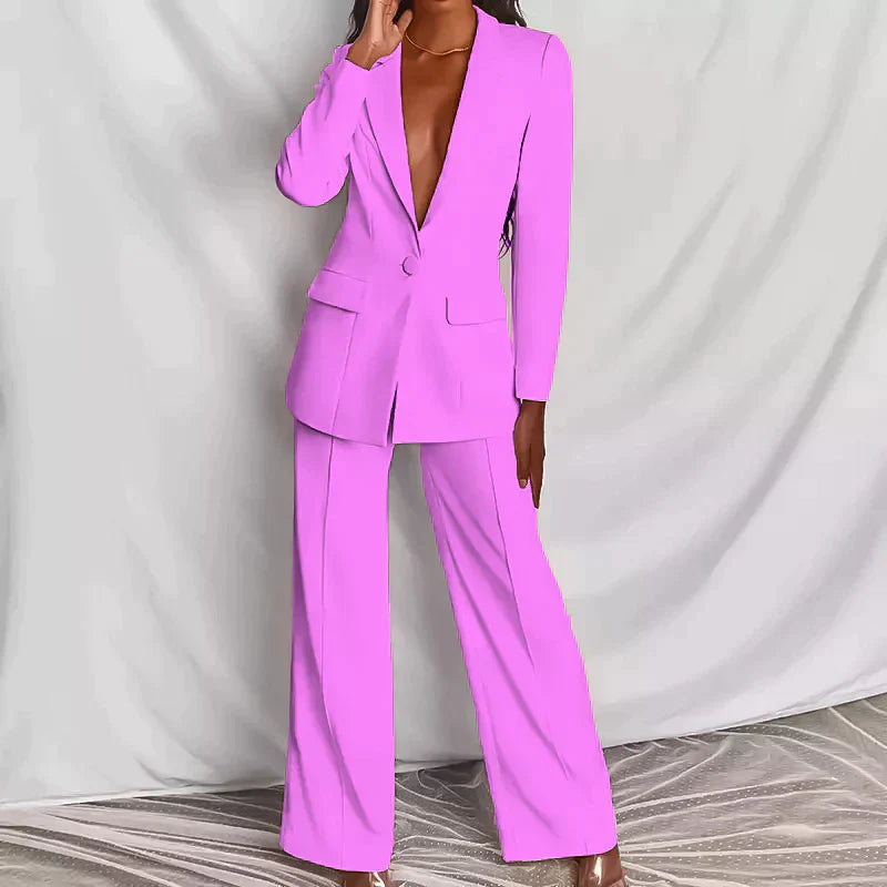 Ensemble Deux Pièces Pour Femmes Blazer Tailleur Et Pantalon Large Taille Haute Élégant Et Polyvalent