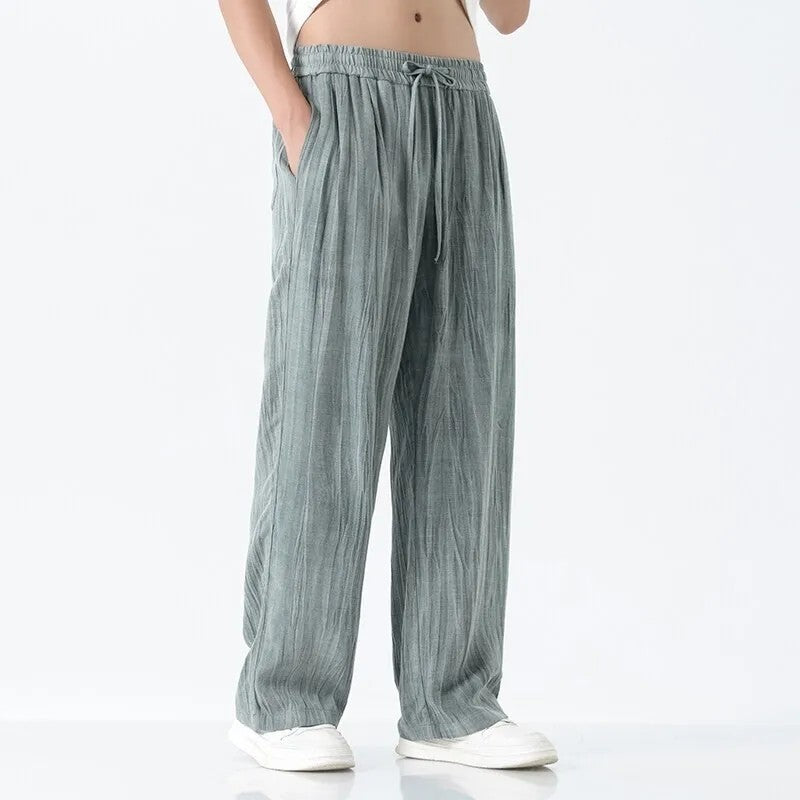 Pantalon Lin Froissé Coupe Droite Décontracté Léger Respirant Avec Cordon Élastique Été