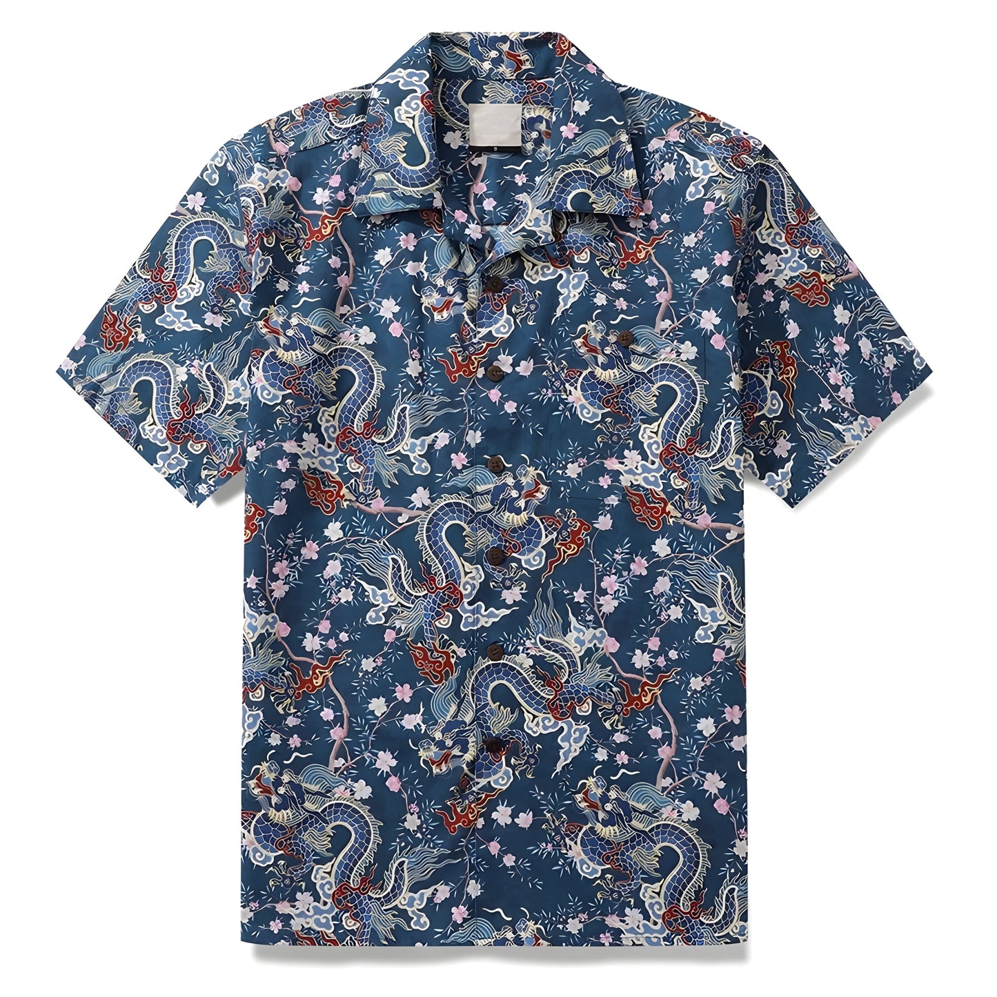 Chemise Imprimée Dragon Oriental En Coton Respirant Avec Col Revers Et Manches Courtes