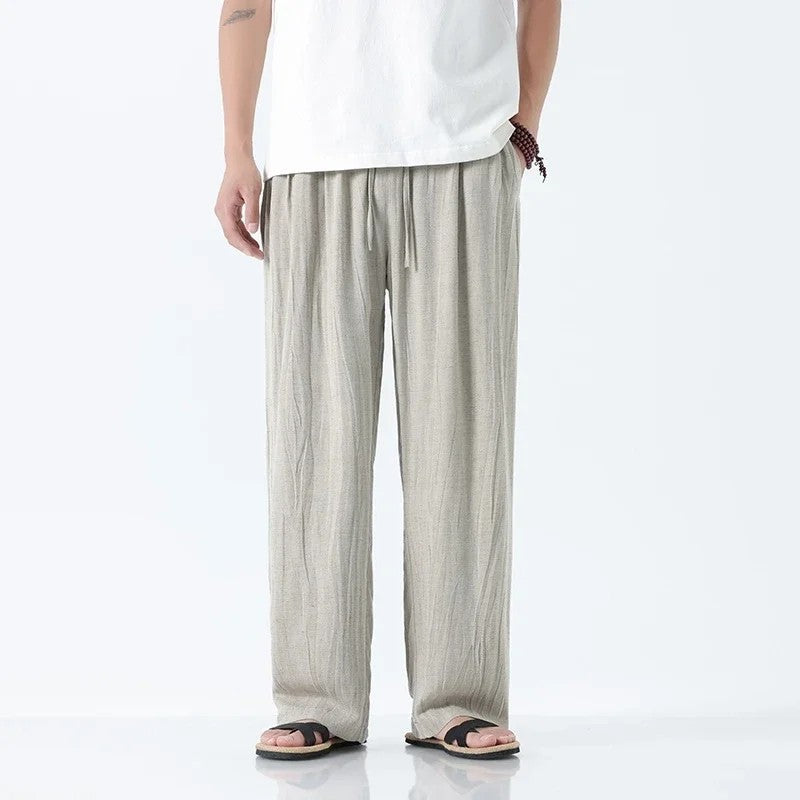 Pantalon Lin Froissé Coupe Droite Décontracté Léger Respirant Avec Cordon Élastique Été