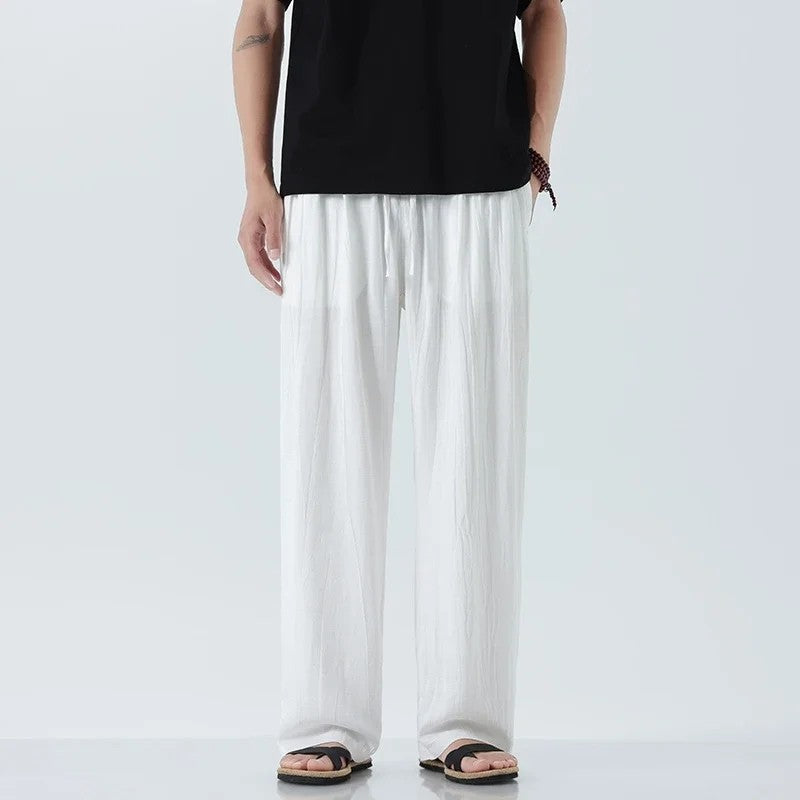 Pantalon Lin Froissé Coupe Droite Décontracté Léger Respirant Avec Cordon Élastique Été
