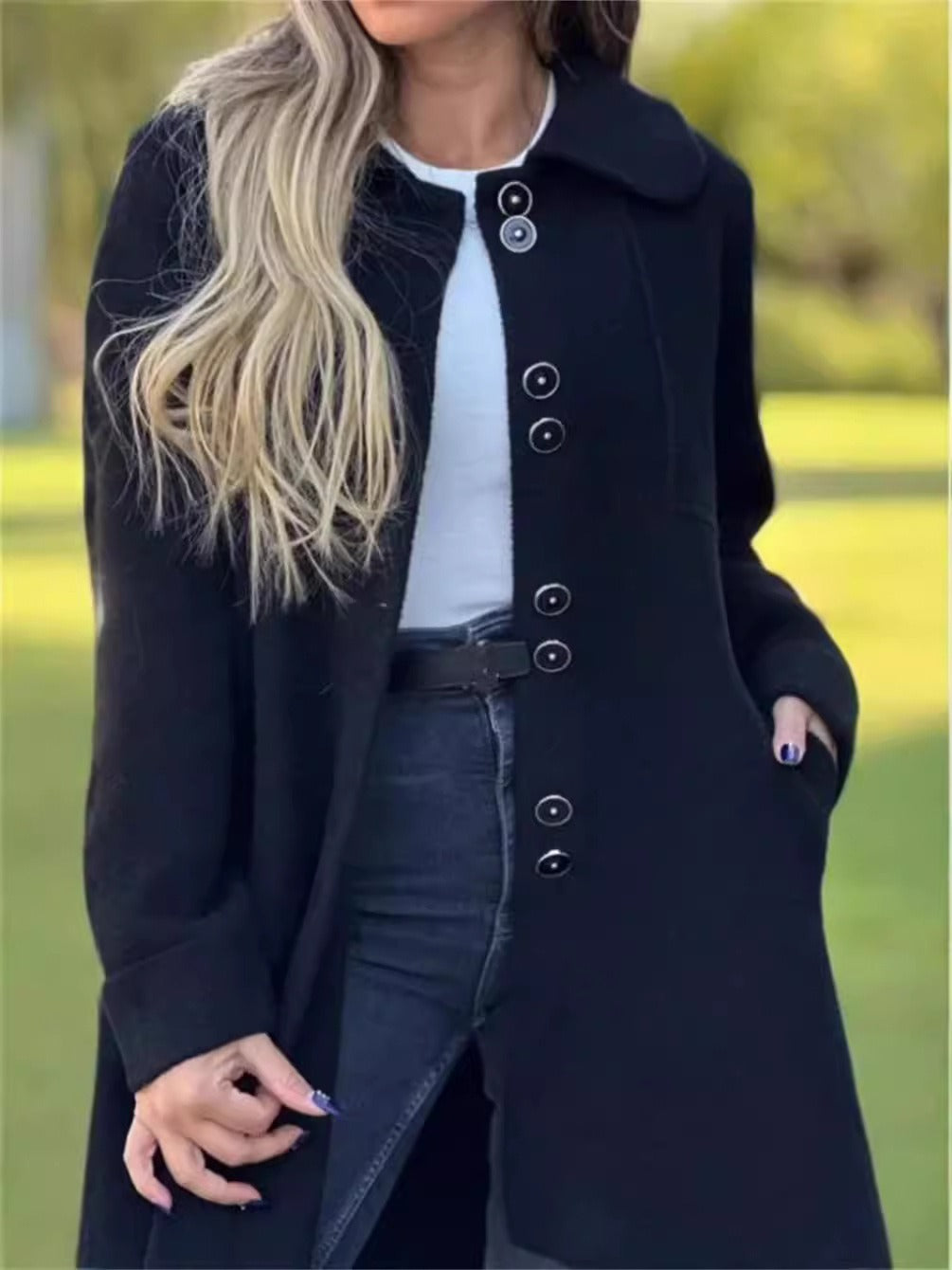 Manteau Femme En Laine Mélangée À Coupe Décontractée Longueur Genoux Col Revers Arrondi Pour Look Chic
