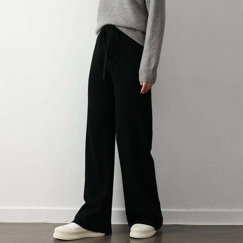 Pantalon Tricot Femme Décontracté À Jambe Large Texture Côtelée Taille Élastique Avec Cordon Nordisk Flair