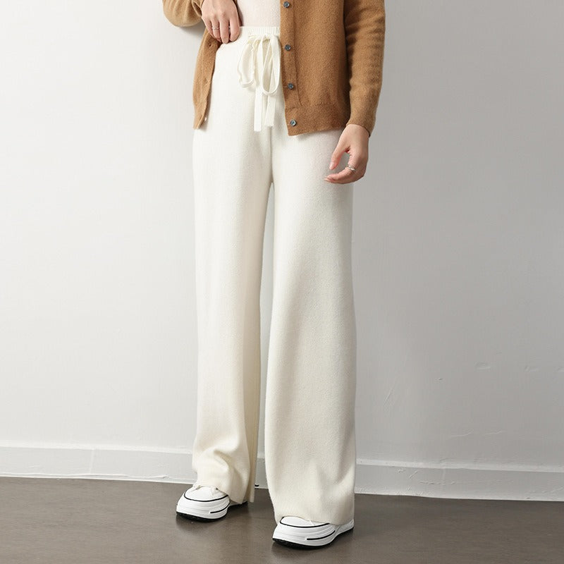 Pantalon Tricot Femme Décontracté À Jambe Large Texture Côtelée Taille Élastique Avec Cordon Nordisk Flair