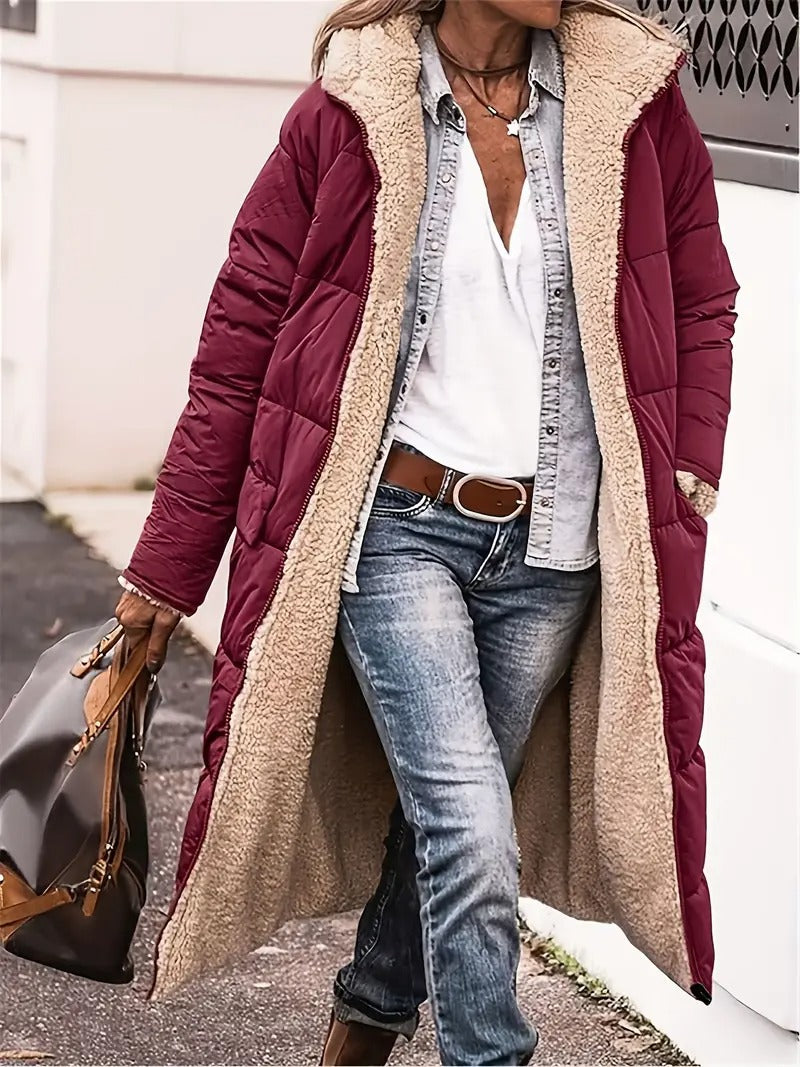 Manteau Long Matelassé Pour Femme Avec Capuche Extérieur Polyester Durable Doublure Polaire Douce Pour Hiver