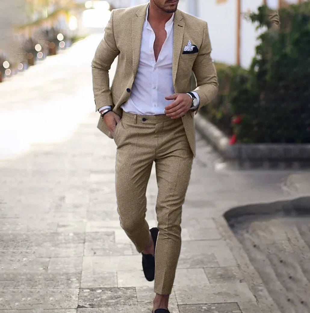 Costume Homme Marine Slim Fit Pour Affaires Formelles Veste Et Pantalon En Lin Respirant Confort Optimal