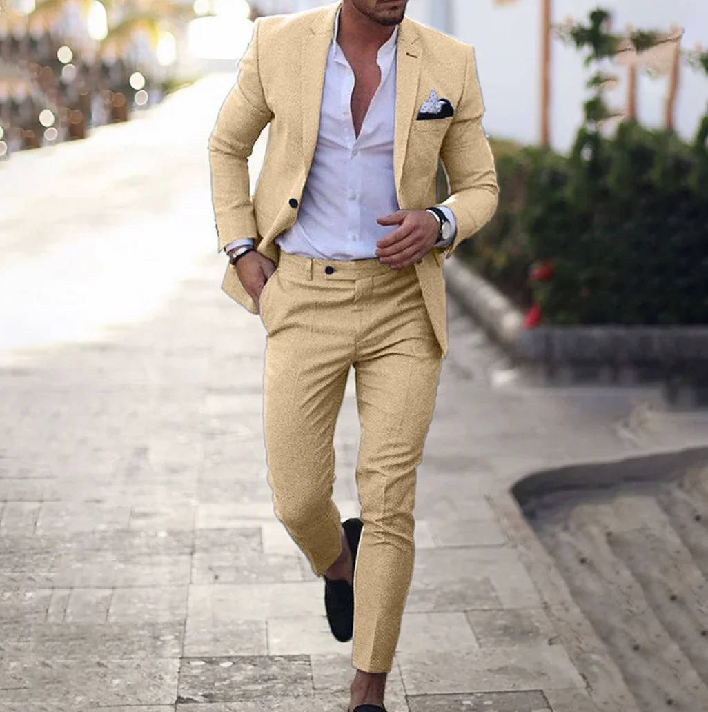 Costume Homme Marine Slim Fit Pour Affaires Formelles Veste Et Pantalon En Lin Respirant Confort Optimal