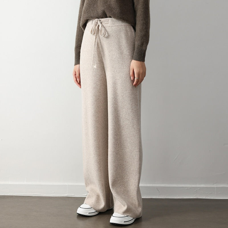Pantalon Tricot Femme Décontracté À Jambe Large Texture Côtelée Taille Élastique Avec Cordon Nordisk Flair