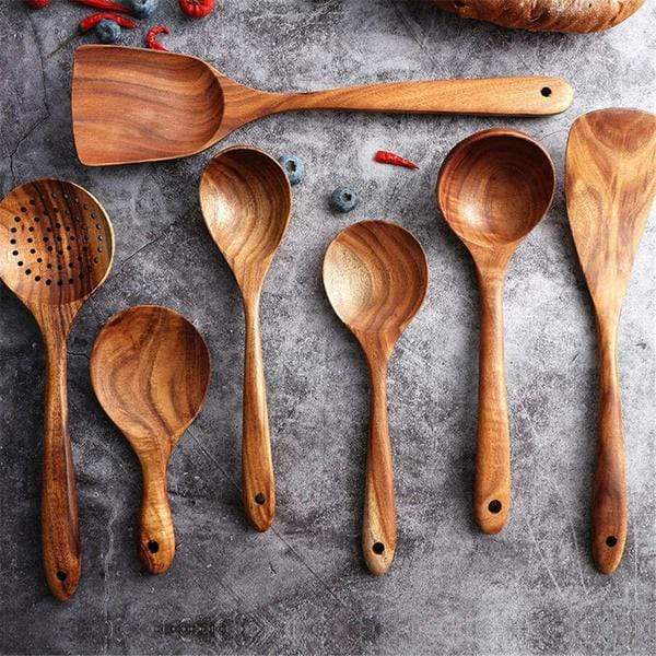 Teak Wooden Cooking Utensil Set With Ergonomic Handles - Amawinc