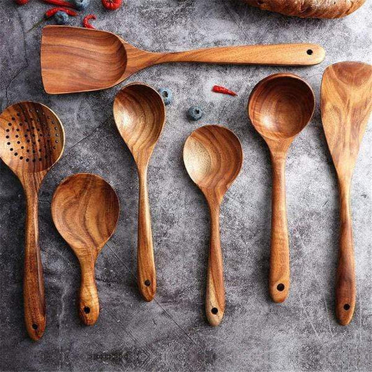 Teak Wooden Cooking Utensil Set With Ergonomic Handles - Amawinc
