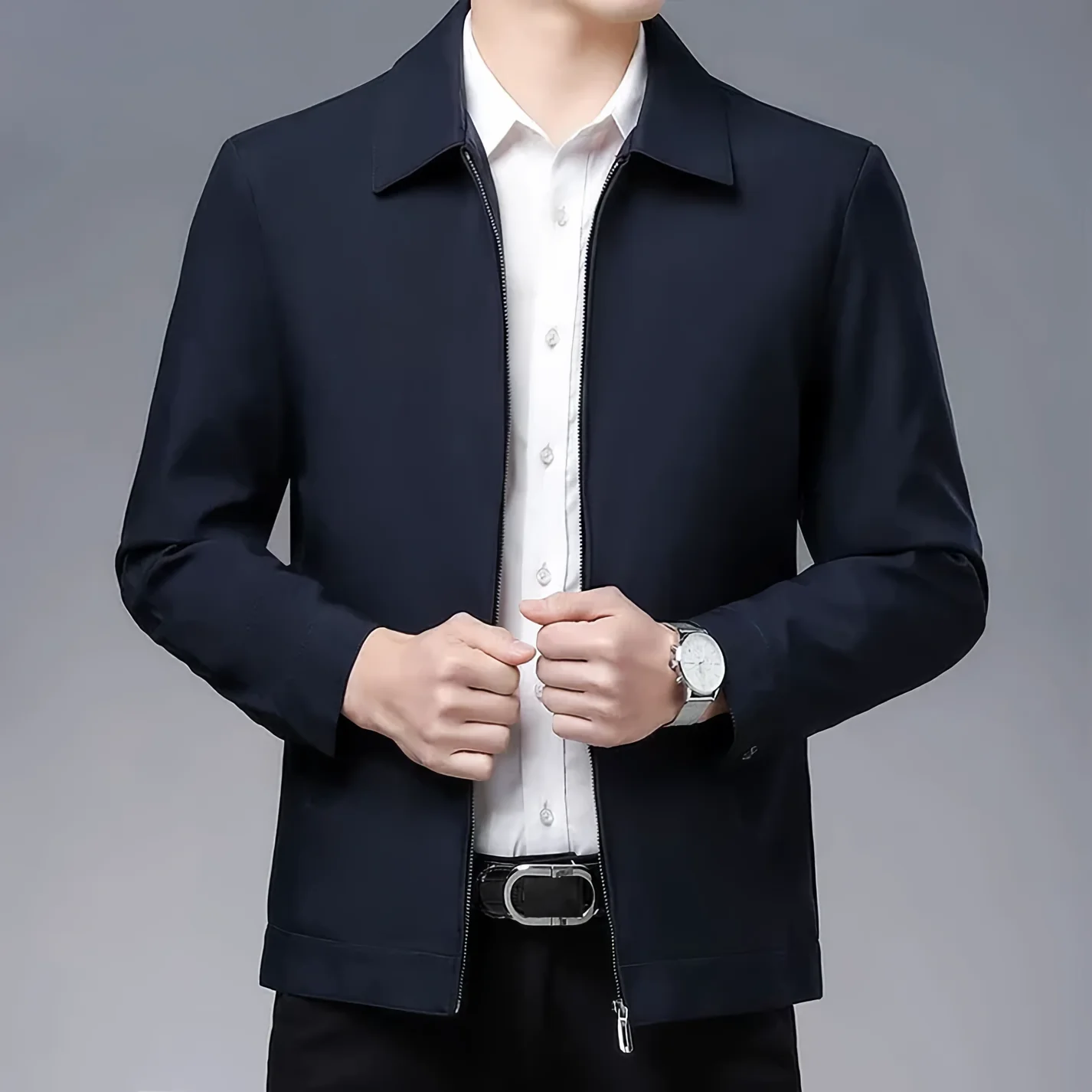 Veste Homme En Mélange De Laine Coupe Ajustée Col Classique Avec Fermeture Éclair Longueur À La Hanche Moderne