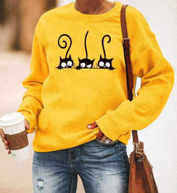 Sweat Femme Oversize En Mélange Coton Col Rond Imprimé Chat Décontracté Pour Look Quotidien Confortable
