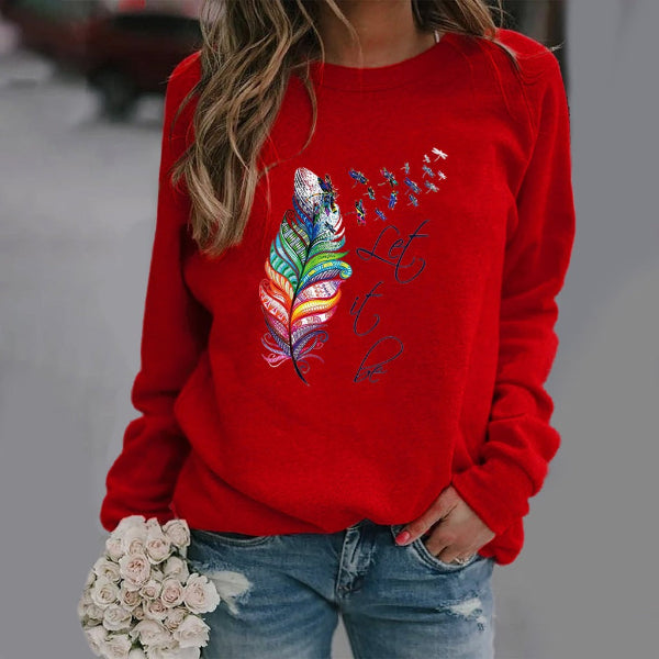 Pull Femme Nordisk Flair À Col Rond Mélange Coton Imprimé Plume À Manches Longues Coupe Décontractée