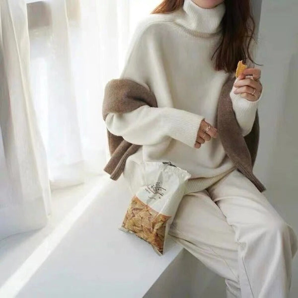 Pull Col Roulé Femme Oversize En Laine Douce Avec Côtes Aux Poignets Et Ourlet Confortable