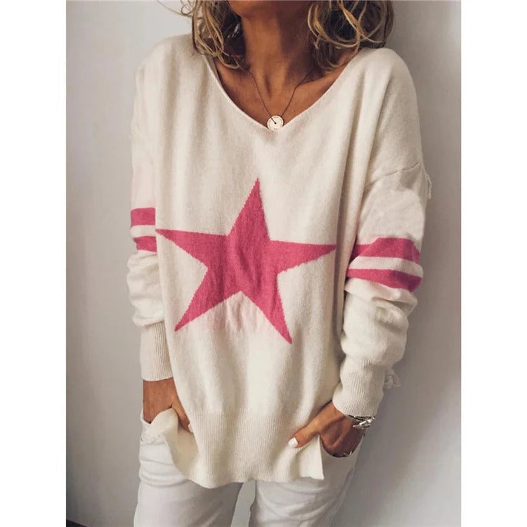 Pull Femme Décontracté en Maille Douce Col Rond Étoile Devant Manches Rayées Nordisk-Flair