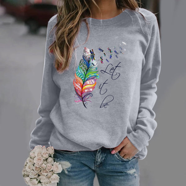 Pull Femme Nordisk Flair À Col Rond Mélange Coton Imprimé Plume À Manches Longues Coupe Décontractée