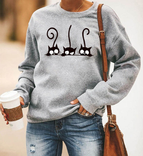 Sweat Femme Oversize En Mélange Coton Col Rond Imprimé Chat Décontracté Pour Look Quotidien Confortable