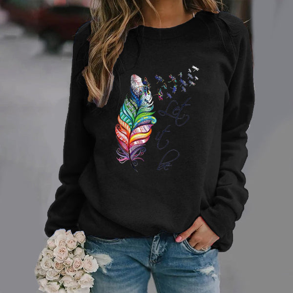 Pull Femme Nordisk Flair À Col Rond Mélange Coton Imprimé Plume À Manches Longues Coupe Décontractée