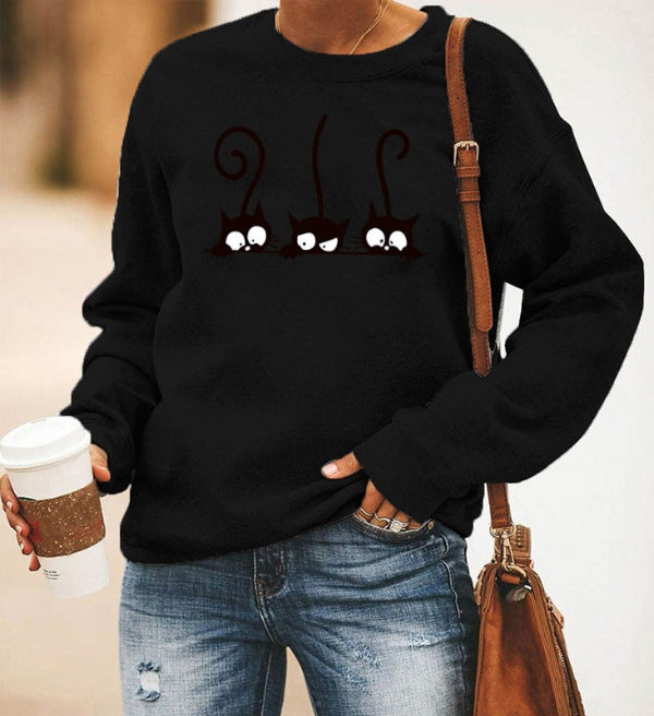 Sweat Femme Oversize En Mélange Coton Col Rond Imprimé Chat Décontracté Pour Look Quotidien Confortable