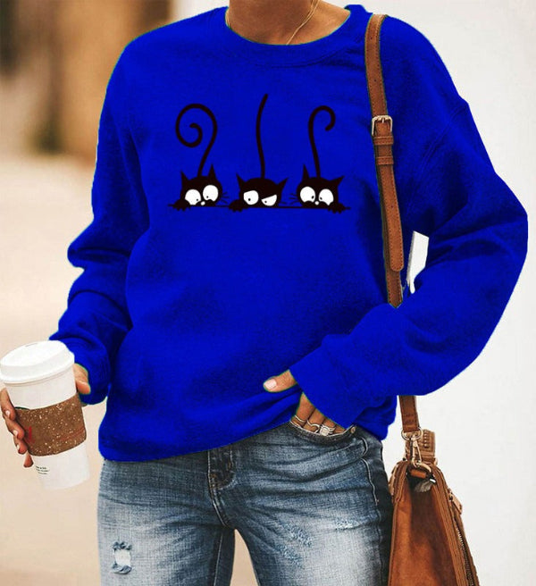 Sweat Femme Oversize En Mélange Coton Col Rond Imprimé Chat Décontracté Pour Look Quotidien Confortable