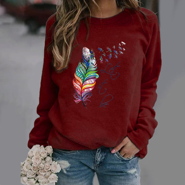 Pull Femme Nordisk Flair À Col Rond Mélange Coton Imprimé Plume À Manches Longues Coupe Décontractée