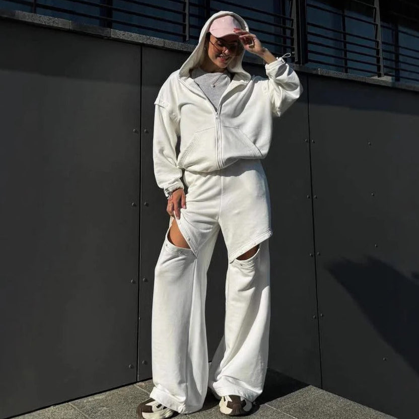Ensemble Deux Pièces Loungewear Femme Coupe Décontractée Capuche Zip Pantalon Évasé Avec Découpes Au Genou