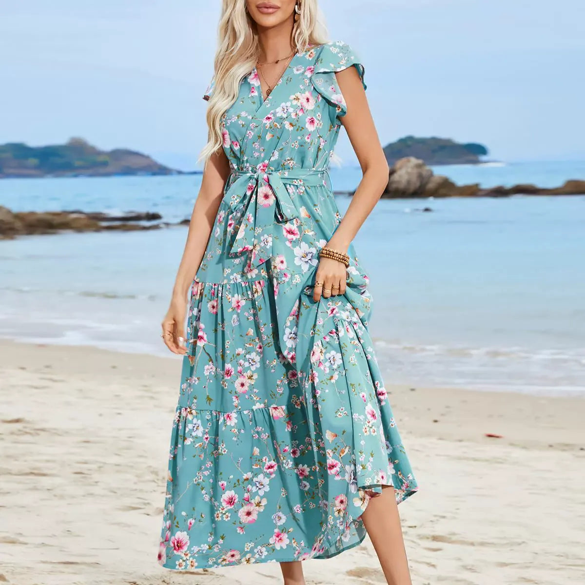 Women’s Boho Dress – V-Neck – Tie Waist – Floral Print – Ruffled Sleeves – Cotton Blend - Amawinc