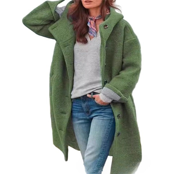 Manteau Long Femme Oversize Texture Laine Capuche Boutons Devant pour Hiver Chic