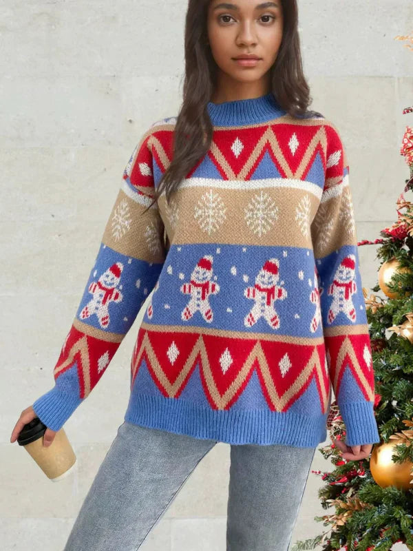 Women’s Knit Sweater – Relaxed Fit – Wool Blend – Crew Neck – Festive Pattern - Amawinc