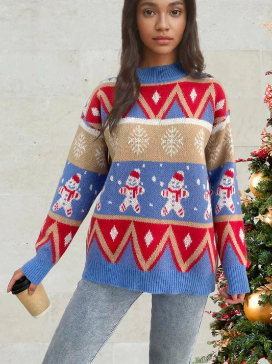 Women’s Knit Sweater – Relaxed Fit – Wool Blend – Crew Neck – Festive Pattern - Amawinc