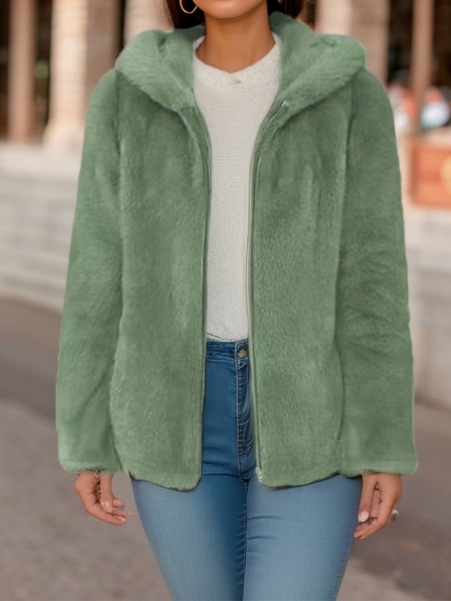 Sweat à Capuche Pour Femme en Coral Fleece Doublé Laine Zip Frontal Coupe Décontractée