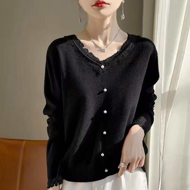 Pull Femme Mélange de Laine Col en V Dentelle Manches Longues Coupe Décontractée Style Décontracté