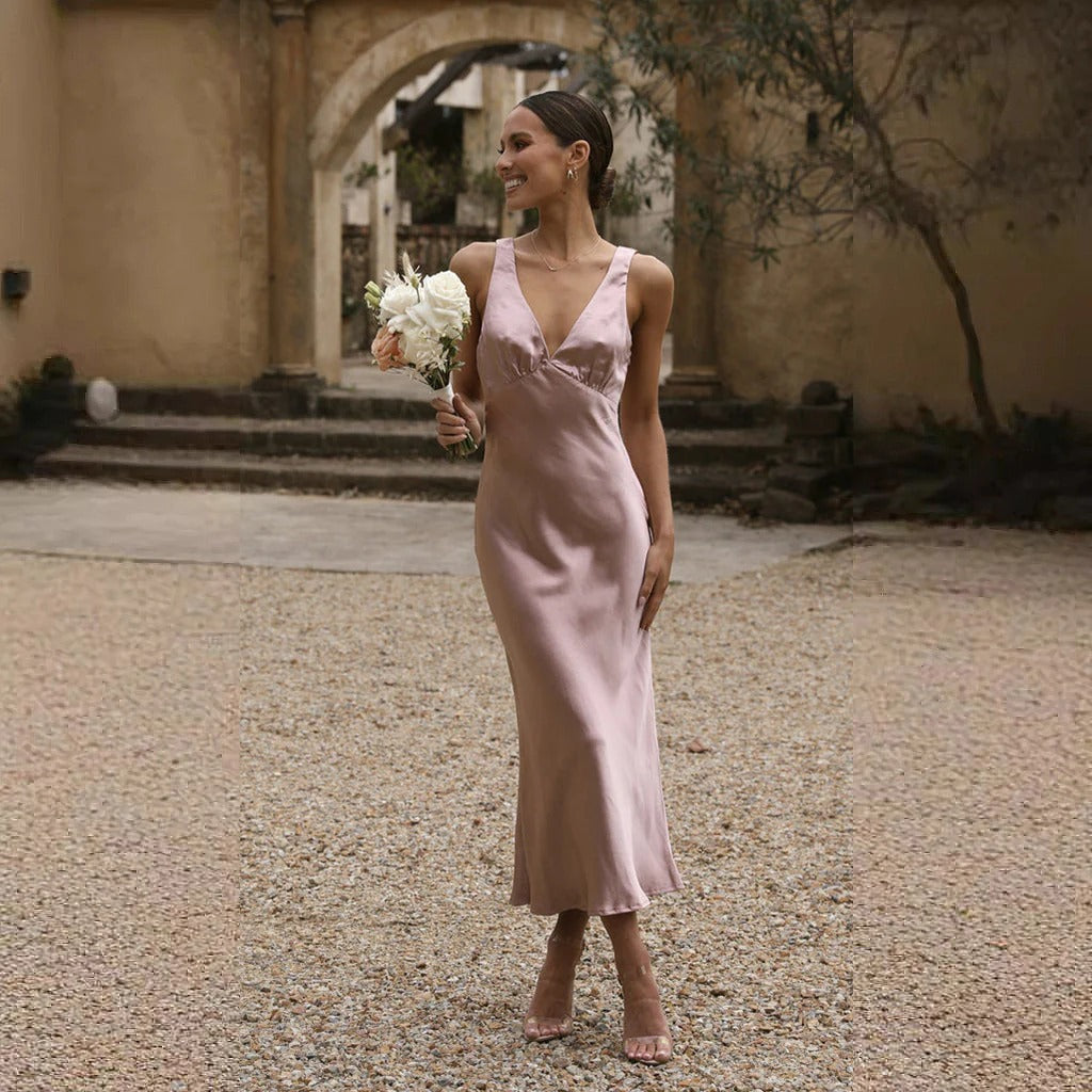 Amawinc Robe Maxi Femme Coupe Slim Satiné Décolleté En V Profond Bretelles Élégantes Pour Soirée Mariage Et Événements